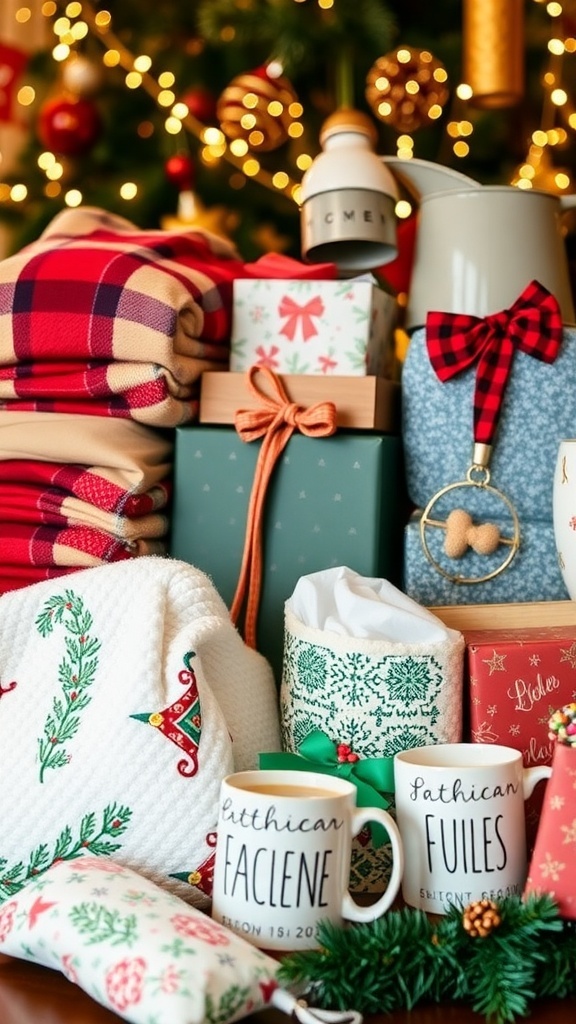 A collection of practical Christmas gifts including blankets, kitchen gadgets, and mugs, wrapped in festive paper.